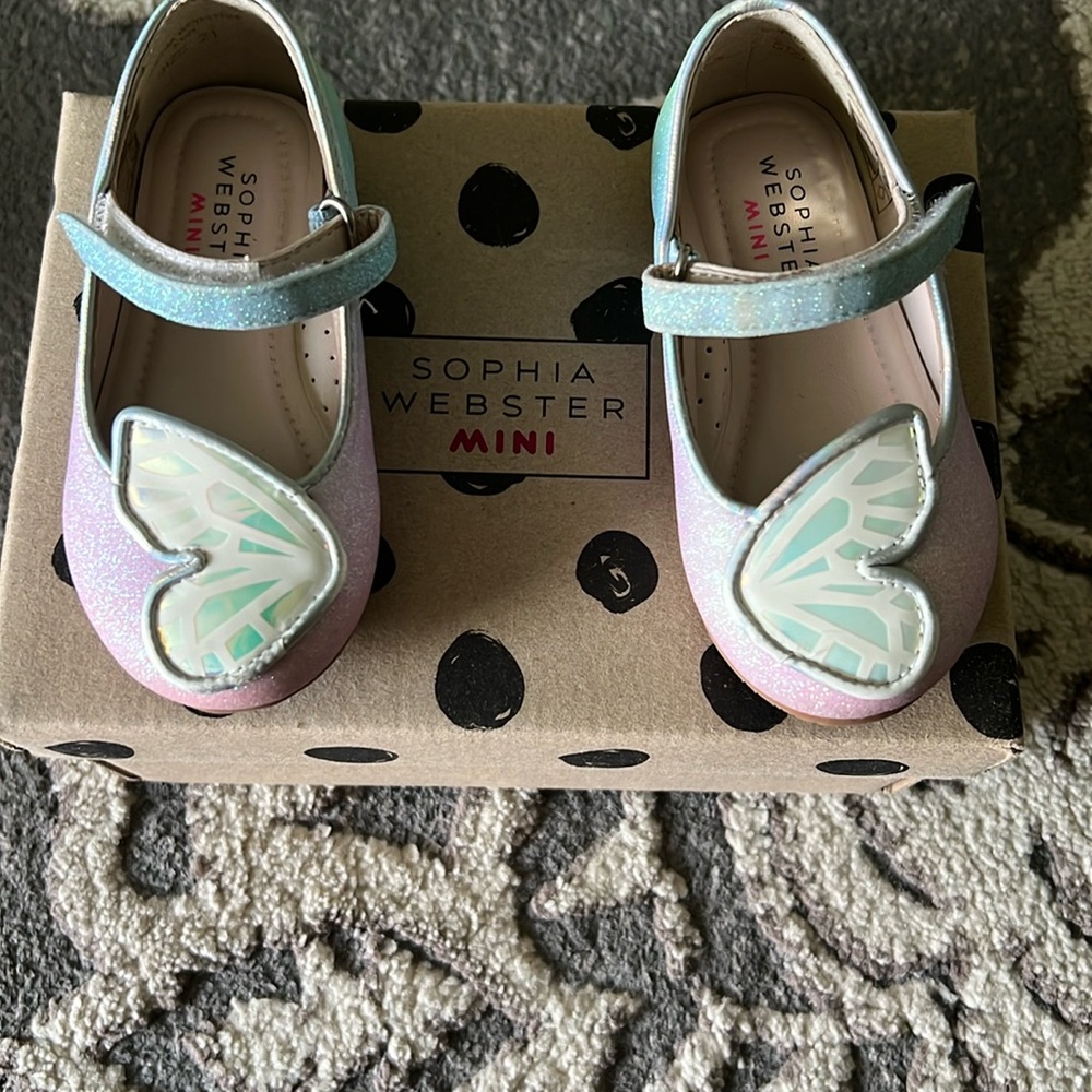 Like New Sophia Webster Mini Butterfly Flats Iridescent Rainbow Glitter EU 21